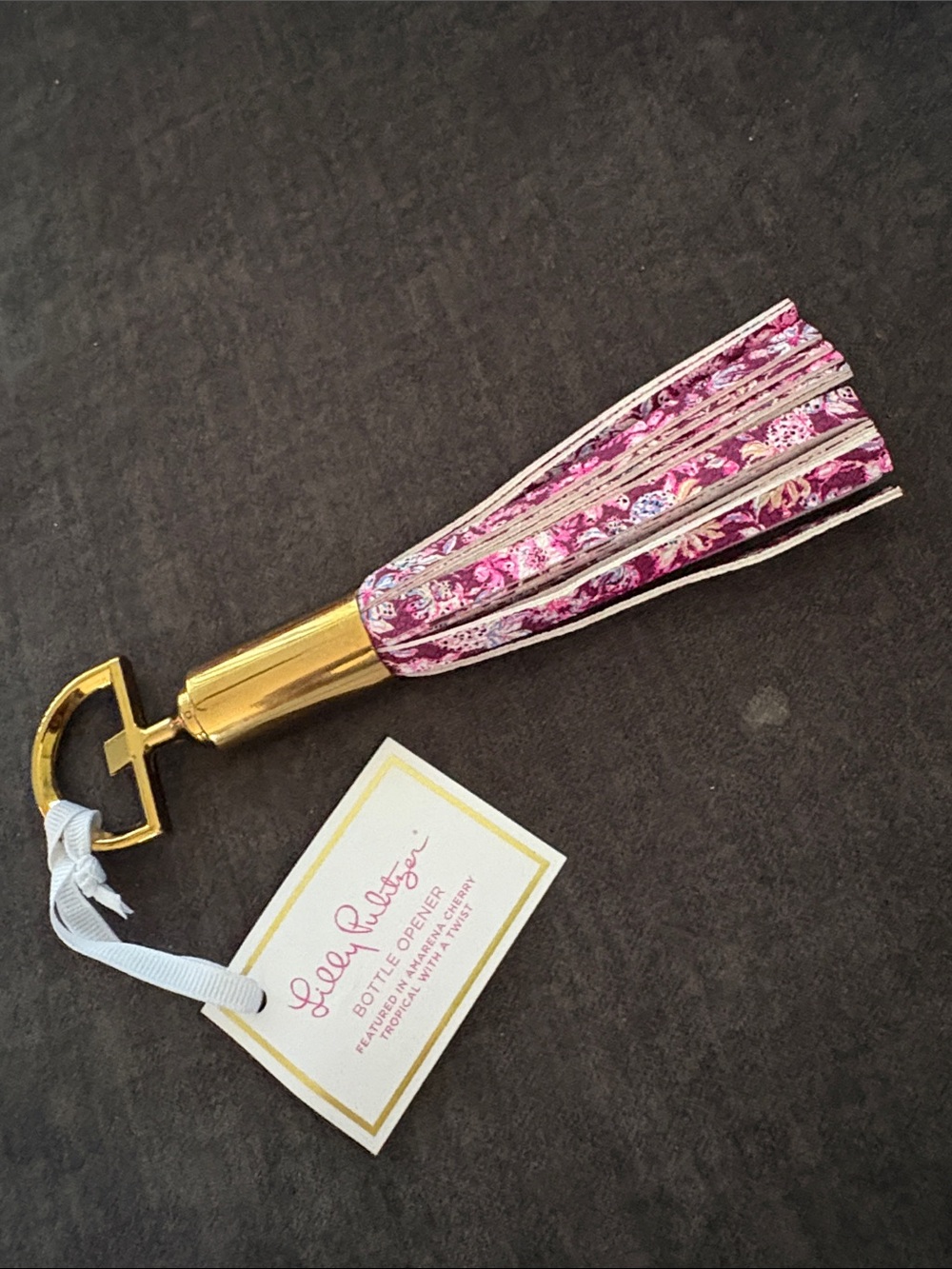 Lilly Pulitzer Gold Hardware with Pink Flower Leatherette Tassel Bottle Opener